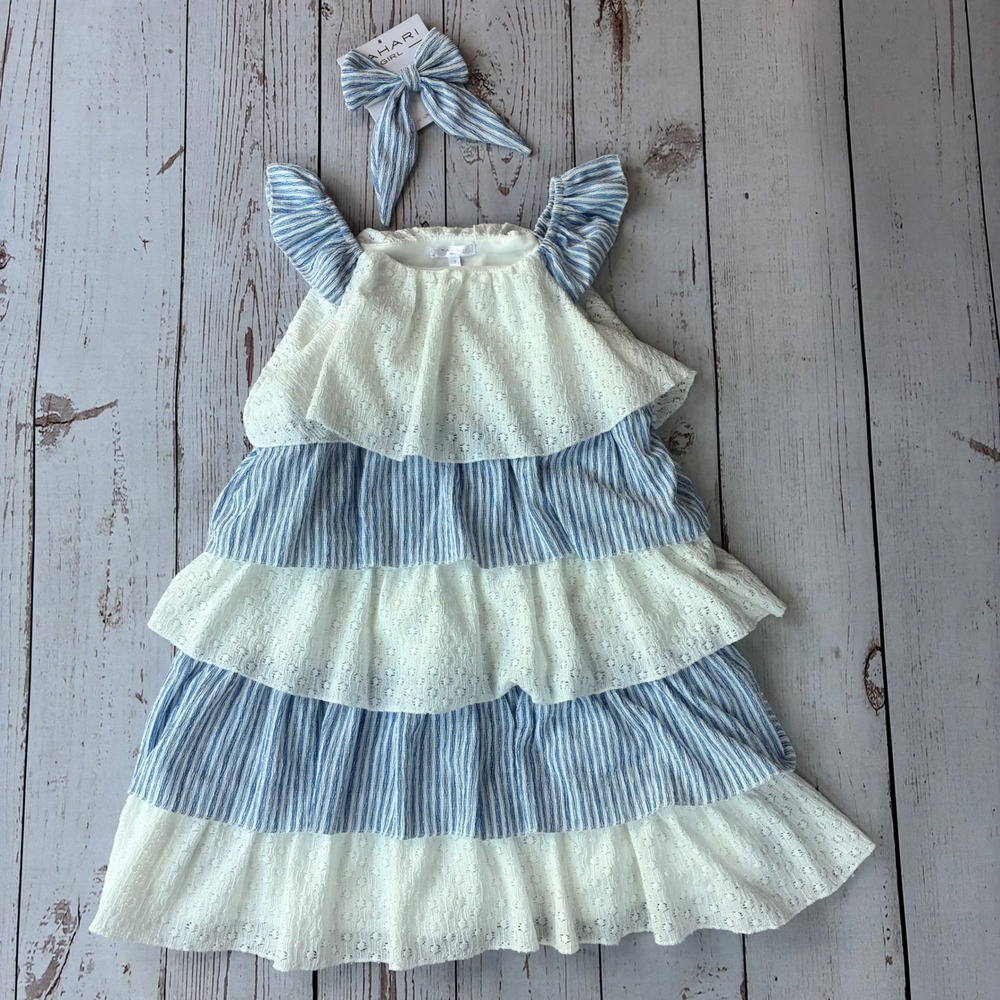 Tahari Girl Kids Blue White Striped Eyelet Lace Tiered Flutter Sleeve Dress Set